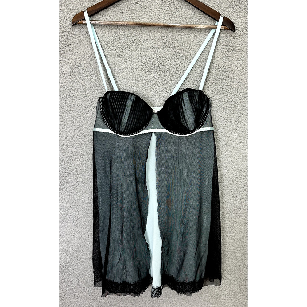 Ambrielle Babydoll‎ Chemise Womens XL Black Mint Green Sheer Lace Mesh Coquette